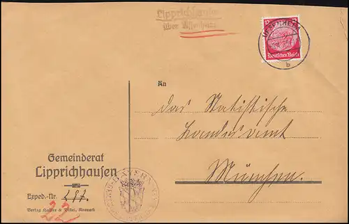 Landpost-Stempel Lipprichhausen über UFFENHEIM 6.4.1936 auf Brief nach München