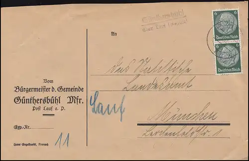 Landpost-Stempel Günthersbühl über LAUF (PEGNITZ) 1937 auf Brief nach München