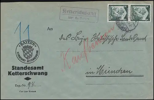 Templier de poste de campagne Ketterwang sur ACHATBEUREN (LAND) 2.4.1935 sur lettre