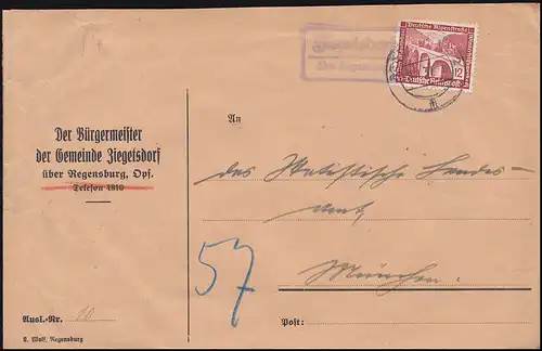 Landpost-Stempel Ziegetsdorf über REGENSBURG 2 - 8.1.1937 auf Brief nach München