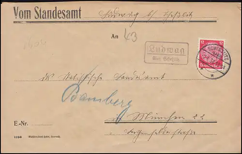 Landpost-Stempel Ludwag über SCHESSLITZ (LAND) 2.1.1937 Brief nach München
