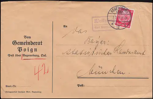 Le temple de la poste de campagne Wolkering sur REGENSBURG 2 (LAND) 5.3.1935 sur lettre