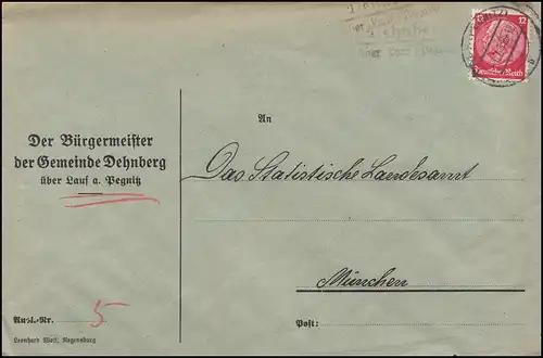 Landpost-Stempel Dehnberg über LAUF (PEGNITZ) 1.7.1937 auf Brief nach München
