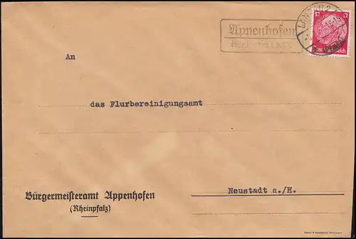 Landpost-Stempel Appenhofen über LANDAU 2 LAND (Pfalz) 1935 Brief nach Neustadt