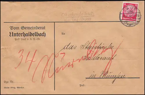 Landpost-Stempel Oberhaidelbach über LAUF (PEGNITZ) LAND 6.9.1934 auf Brief