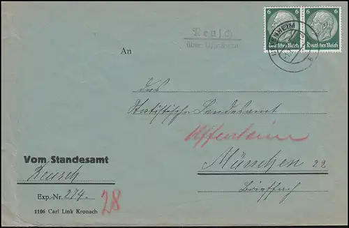 Landpost-Stempel Reusch über UFFENHEIM 1.7.1935 auf Brief nach München