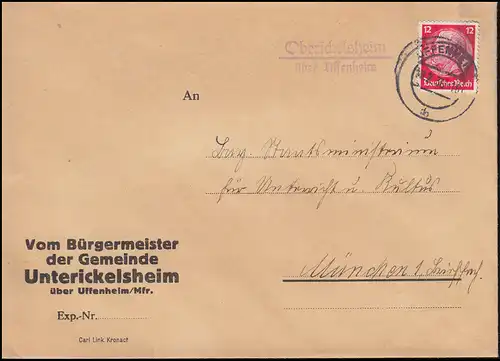 Landpost-Stempel Oberickelsheim über UFFENHEIM 13.2.1936 auf Brief nach München