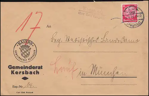 Landpost-Stempel Kersbach über LAUF (PEGNITZ) LAND 9.4.1934 Brief nach München