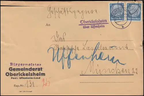 Landpost-Stempel Oberickelsheim über UFFENHEIM 30.8.1935 auf Brief nach München