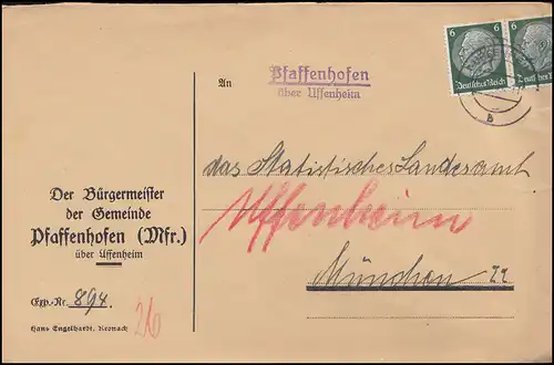 Landpost-Stempel Pfaffenhofen über UFFENHEIM um 1935 auf Brief nach München