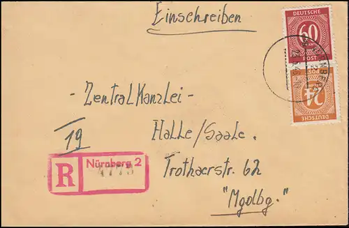 925+933 Ziffern MiF R-Brief Not-R-Stempel aptier. Stempel NÜRNBERG 2 - 23.5.46
