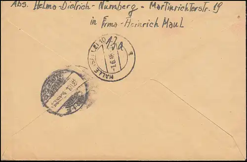 925+933 Ziffern MiF R-Brief Not-R-Stempel aptier. Stempel NÜRNBERG 2 - 23.5.46