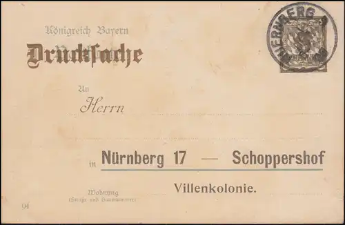 Bayern Postkarte PZD 4/02 Einladung Verein VILLANIA, Blanko-O NÜRNBERG 1908