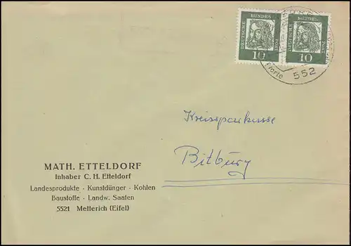 Temple de poste de campagne 5521 Metterich lettre SSt BITBURG bière 1963 avec 350y en couple