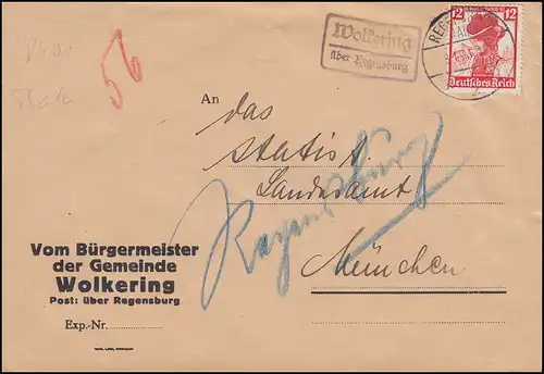 Templier de la poste de campagne Wolkering sur REGENSBURG 2 (LAND) 3.1.1936 Lettre à Munich