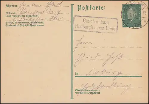 Landpost-Stempel Gleichamberg Hildburghausen Land 11.4.1932 auf Postkarte Ebert