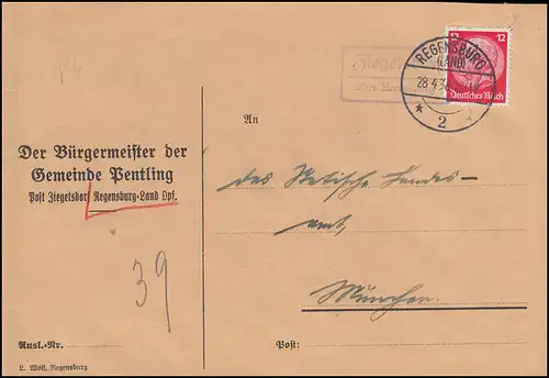Landpost-Stempel Ziegetsdorf über REGENSBURG 2 LAND 28.4.1936 Brief nach München