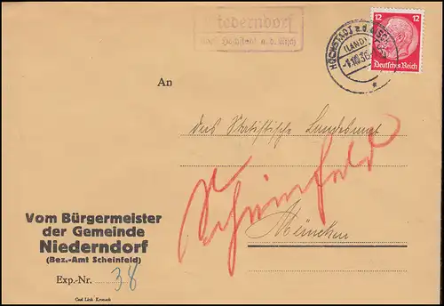 Landpost-Stempel Niederndorf über HÖCHSTADT a.d. AISCH (LAND) 1.10.36 auf Brief