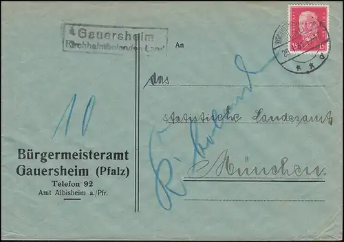 Landpost-Stempel Gauersheim KIRCHHEIMBOLANDEN LAND 20.7.31 Brief nach München