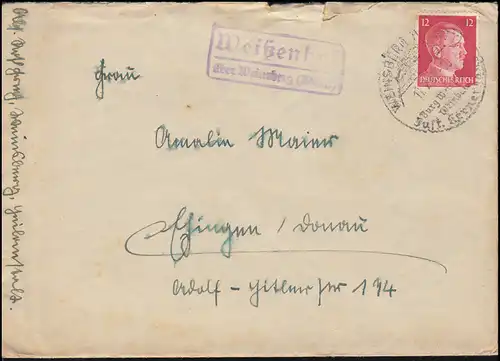 Landpost-Stempel Weißenhof über Weinsberg Brief SSt WEINSBERG 11.2.1942