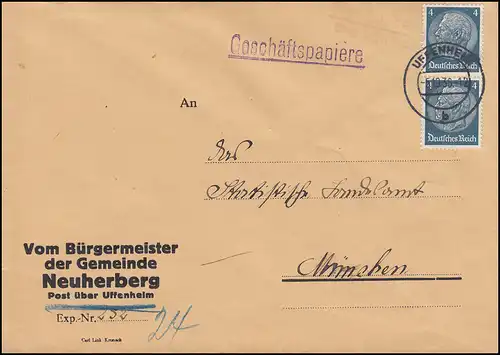 Le temple de la poste de Neuherberg sur UFFENHEIM 5.10.1936 sur lettre à Munich