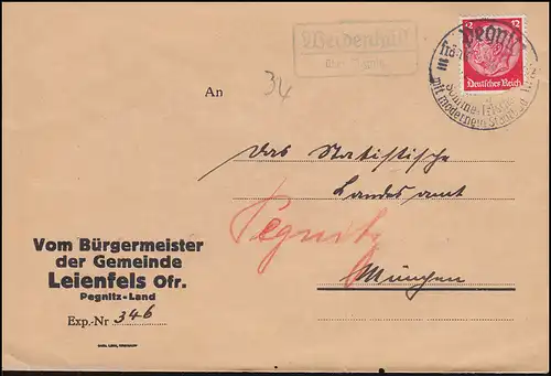 Landpost-Stempel Weidenhüll über Pegnitz auf Brief SSt Pegnitz Stadtbad 3.7.1936