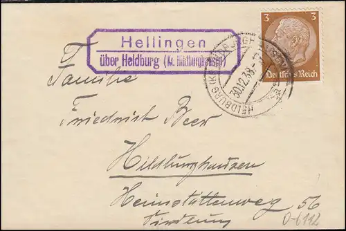 Temple de la poste de campagne Hellingen sur HEIDBURG (Kr. HILDBURGHAUSEN) 30.12.38 sur lettre