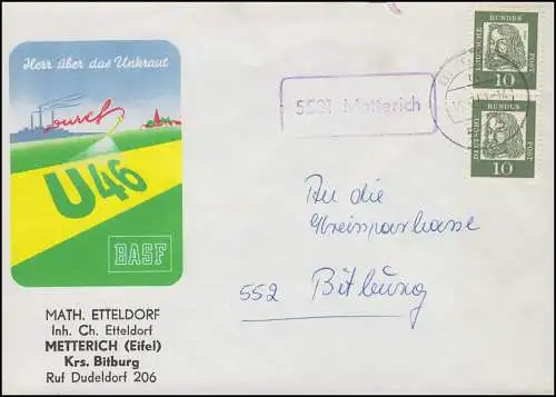 Landpost-Stempel 5521 Metterich auf Brief mit Tagesstempel BITBURG