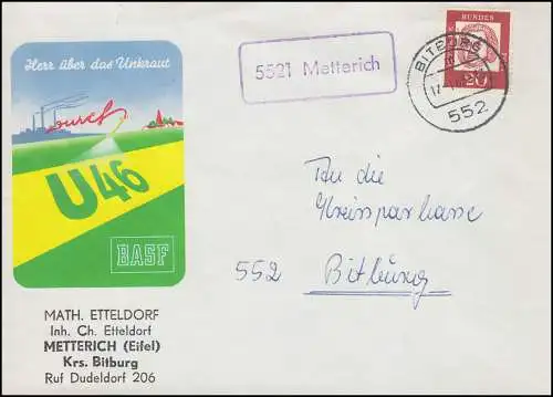 Temple de la poste de campagne 5521 Metterich sur lettre avec cachet du jour BITBURG