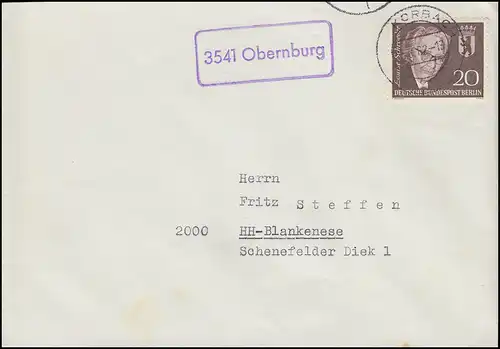 Landpost-Stempel 3541 Obernburg auf Brief mit Berlin-Frankatur KORBACH 3.8.1962