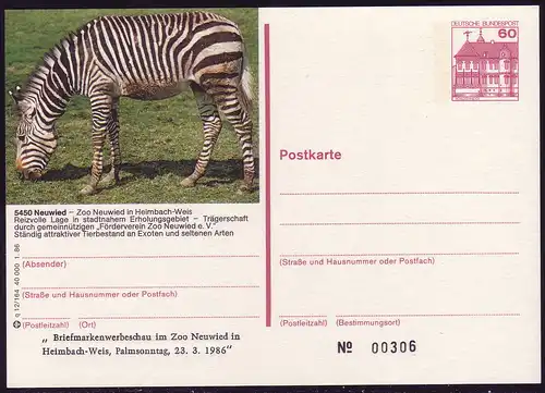 P138-q12/164 5450 Neuwied, Zoo: Zebra / Exposition publicitaire 1986 **