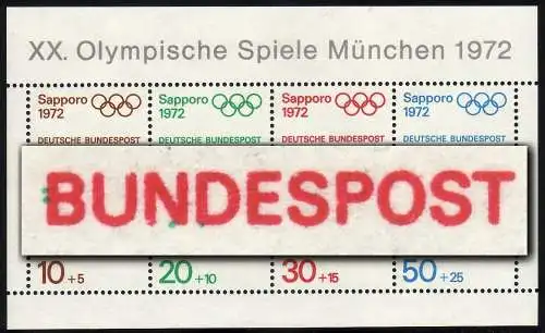 Bloc 6 Olympiades 1972, valeur 30-Pf: taches vertes sous ND de POST FES, **