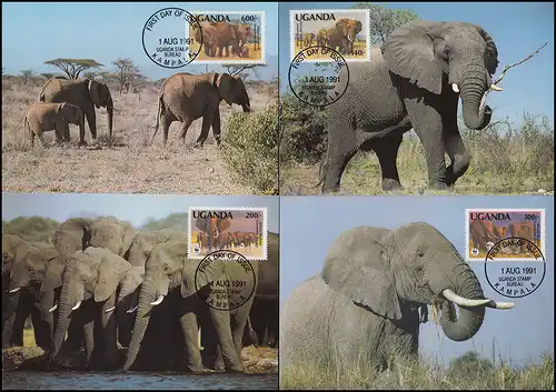 WWF Elefanten 1991 Uganda 960-963 Satz **, auf FDC und als Maximumkarten