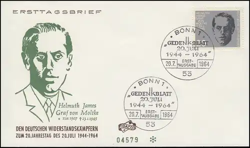 437 Graf von Moltke aus Bl.3 Attentat 20. Juli 1944 auf Schmuck-FDC ESSt Bonn