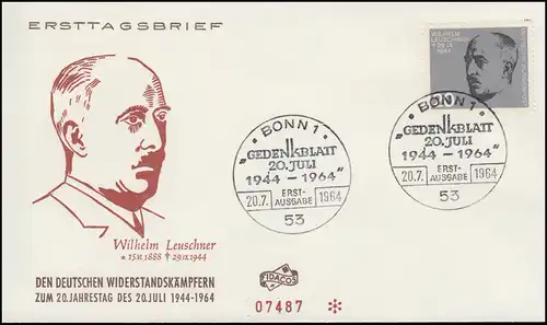 436 Wilhelm Leuschner aus Bl.3 Attentat 20. Juli 1944 auf Schmuck-FDC ESSt Bonn