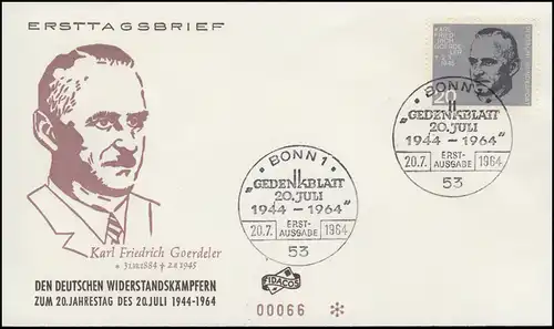 435 K.F. Goerdeler aus Bl.3 Attentat 20. Juli 1944 auf Schmuck-FDC ESSt Bonn