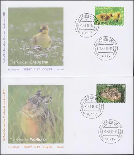 3222-3223 Graugans und Feldhase, selbstklebend, Satz auf 2 FDC VS-O Berlin 