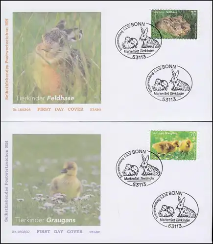 3222-3223 Graugans und Feldhase, selbstklebend, Satz auf 2 Schmuck-FDC EV-O BONN