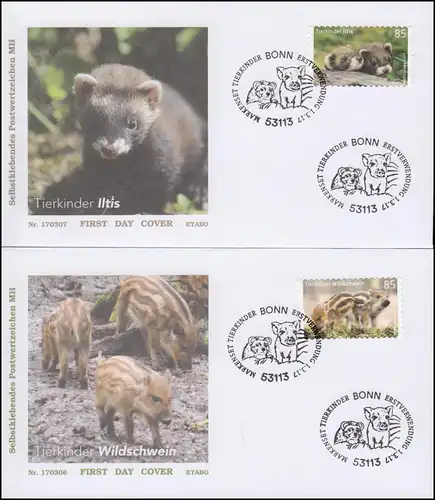 3292-3294 Wildschwein & Iltis, selbstklebend, Satz auf 2 Schmuck-FDC EV-O BONN