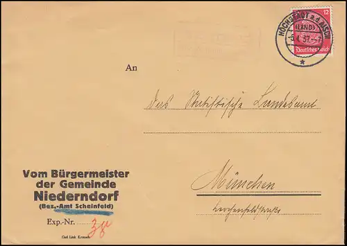 Landpost-Stempel Niederndorf über HÖCHSTADT a.d. AISCH (LAND) 5.1.1937 auf Brief