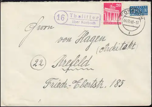 Landpost-Stempel Thalitter über KORBACH 4.10.1949 auf Brief mit Berlin-Frankatur