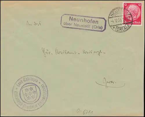 Landpost-Stempel Neunhofen über NEUSTADT (ORLA) 4.12.1933 Brief BS Volksschule