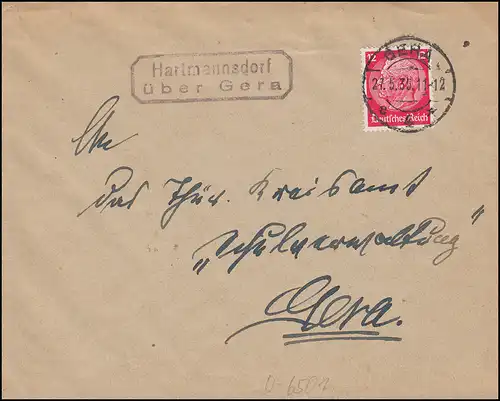 Landpost-Stempel Hartmannsdorf über GERA 4 - 27.5.1935 auf Brief