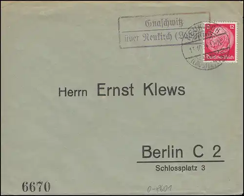 Landpost-Stempel Gnaschwitz über NEUKIRCH (LAUSITZ) LAND 13.10.1934 auf Brief