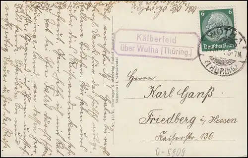 Landpost-Stempel Kälberfeld über WUTHA (THÜRINGEN) 11.10.1934 auf AK Schwarzburg