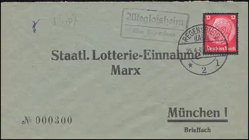 Landpost-Stempel Alteglofsheim über REGENSBURG (LAND) 25.5.1935 auf Brief