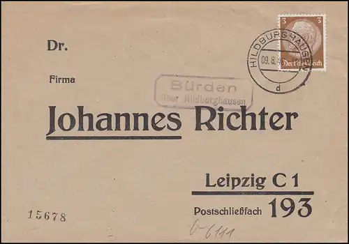 Le temple de Landpost Bürden sur HILDBURGHAUSEN 9.8.1940 sur l'impression après Leipzig