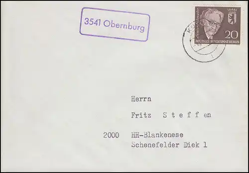 Landpost-Stempel 3541 Obernburg auf Brief mit Berlin-Frankatur KORBACH 1962