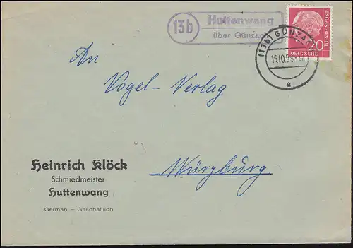 Landpost-Stempel Huttenwang sur GÜNZACH 15.10.1958 Lettre Maître Forgeron Klöck