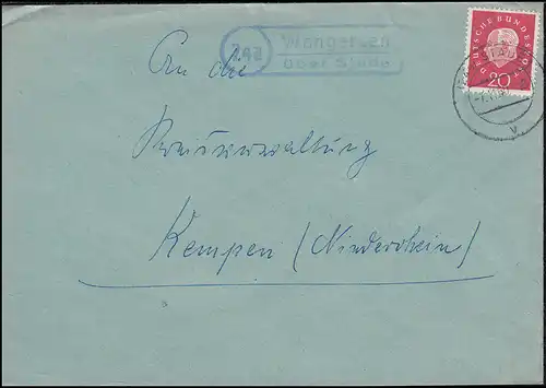 Le temple de la poste de Landpost Wangersen sur STADE 7.11.1960 sur lettre à Kempen / Niederr.